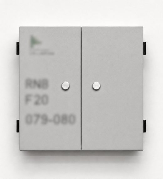 Example of a Fiber Distribution Box (FDB): a grey metal wall cabinet with two doors / مثال على صندوق توزيع الألياف